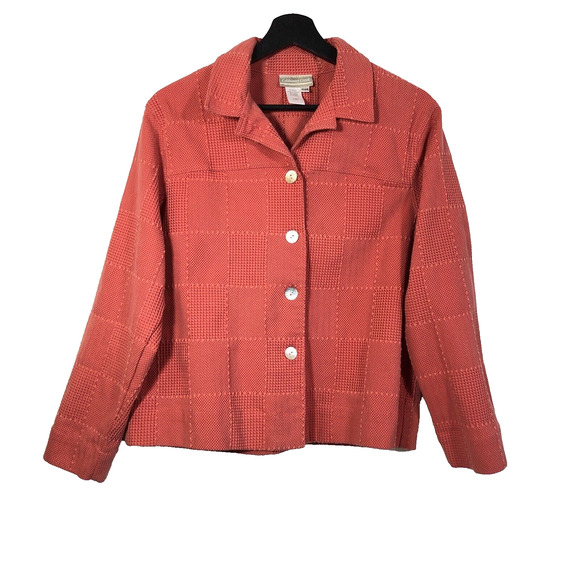 Vintage Coldwater Creek Jacket Sz PM Red Checked Texture Mother of Pearl Buttons - Picture 1 of 7